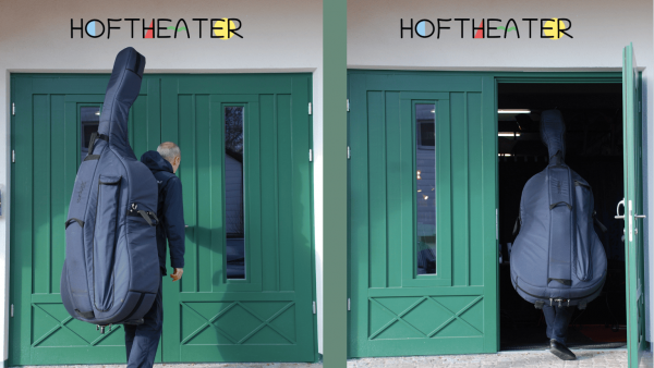 Ein Kontrabassist auf dem Weg zur Arbeit